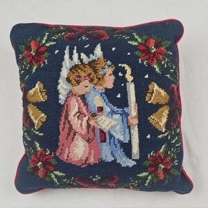Vintage Praying Children Christmas‎ Needlepoint Throw Pillow 12x12 Bells Holly
